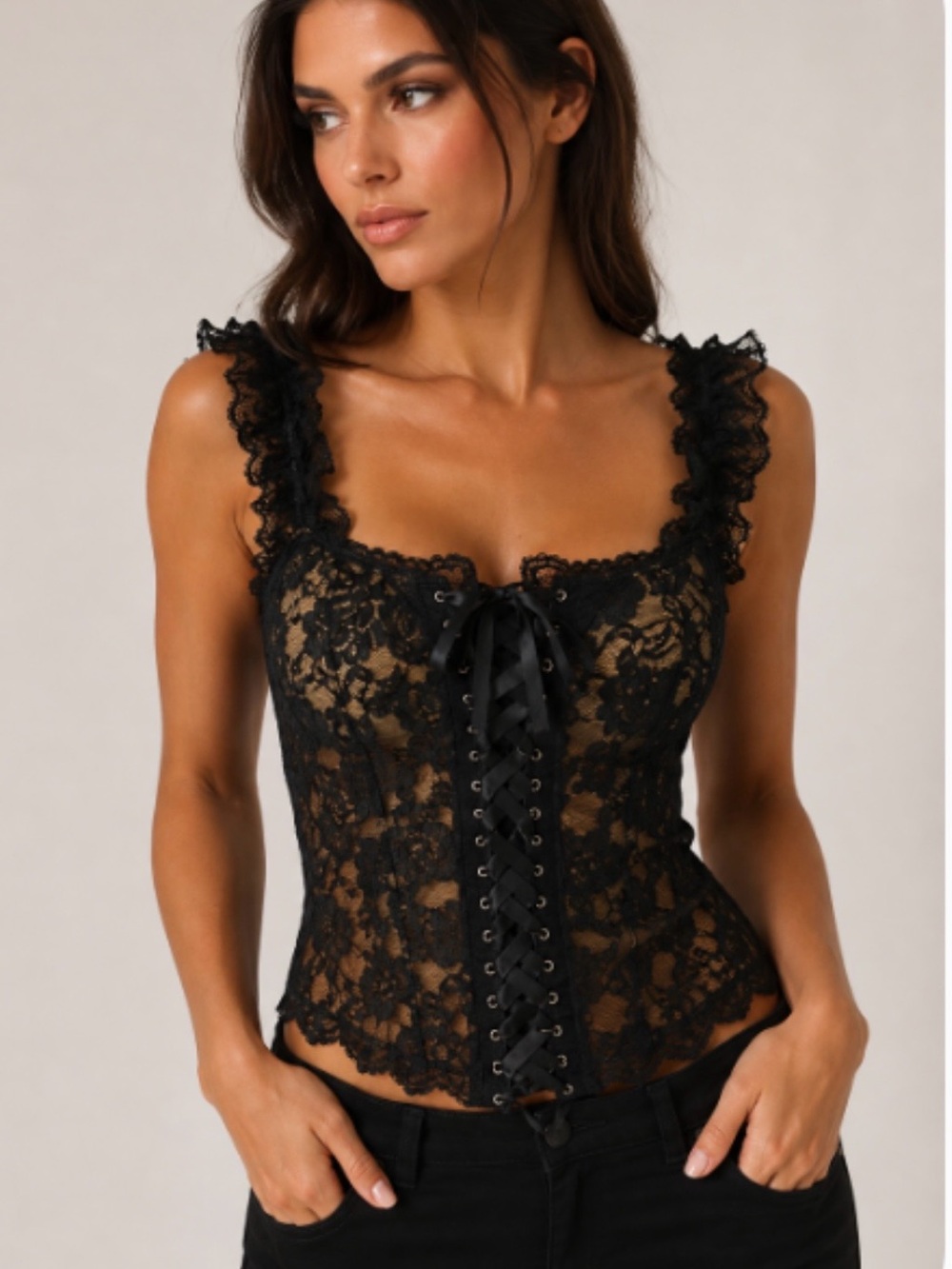 Black Lace Corset Tank with Lace-Up Front